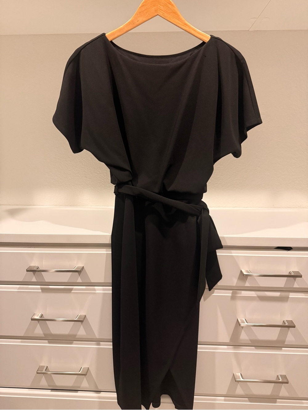 Kensie Black Midi Dress with Waist Tie and Draped Sleeves